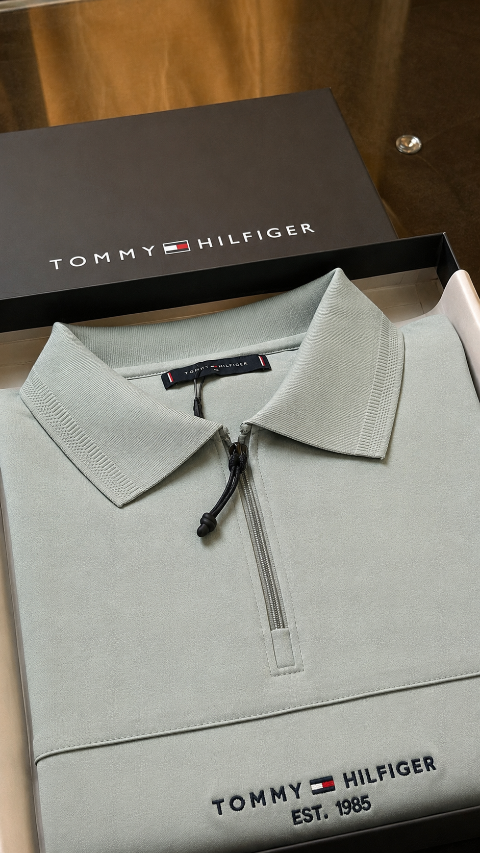 Premium Powder Blue Zip Tommy Hilfiger T-Shirt for Men | Luxury Half-Zip Casual Tee