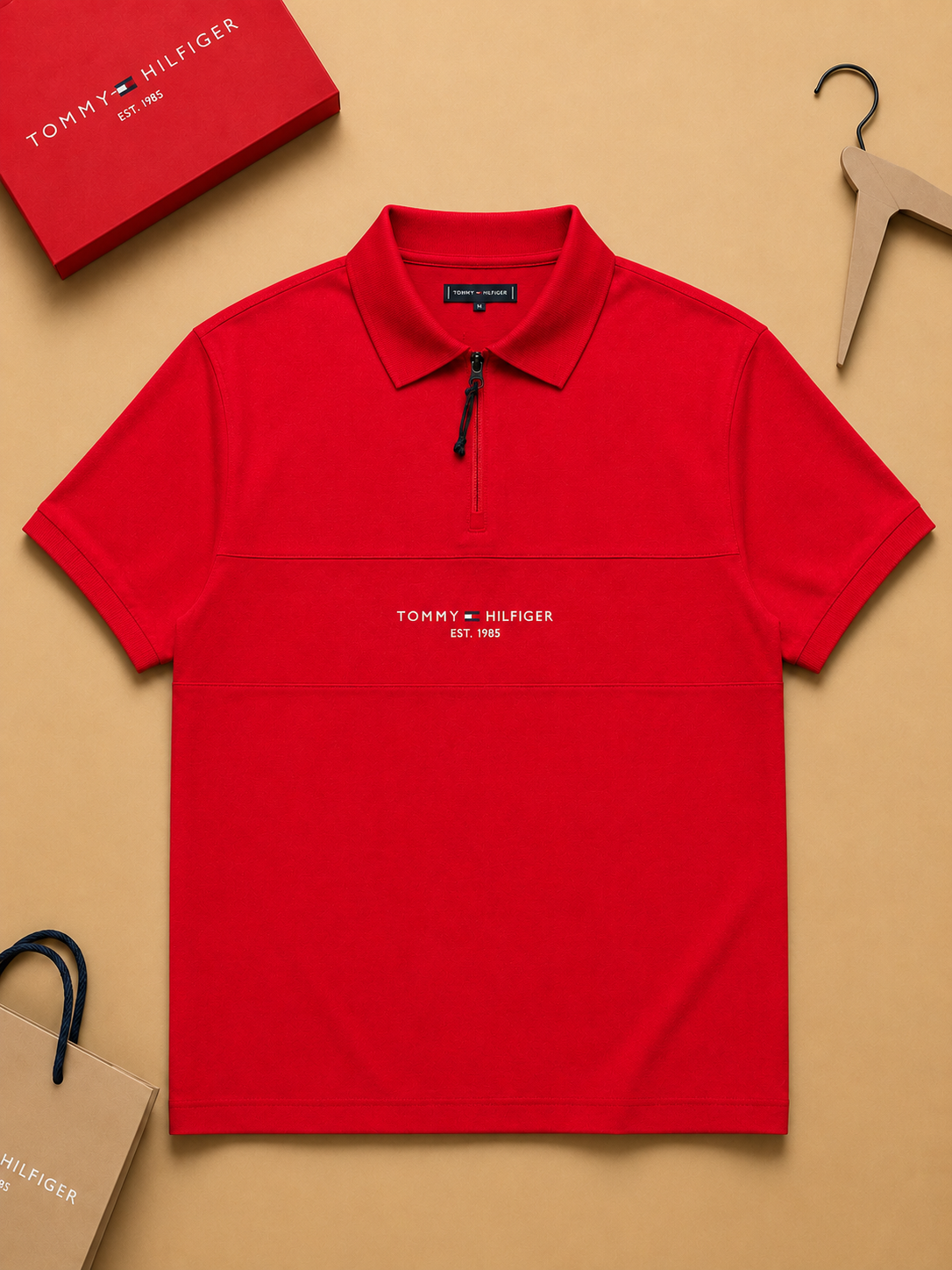 Premium Red Zip Polo T-Shirt for Men | Luxury Half-Zip Casual Tee