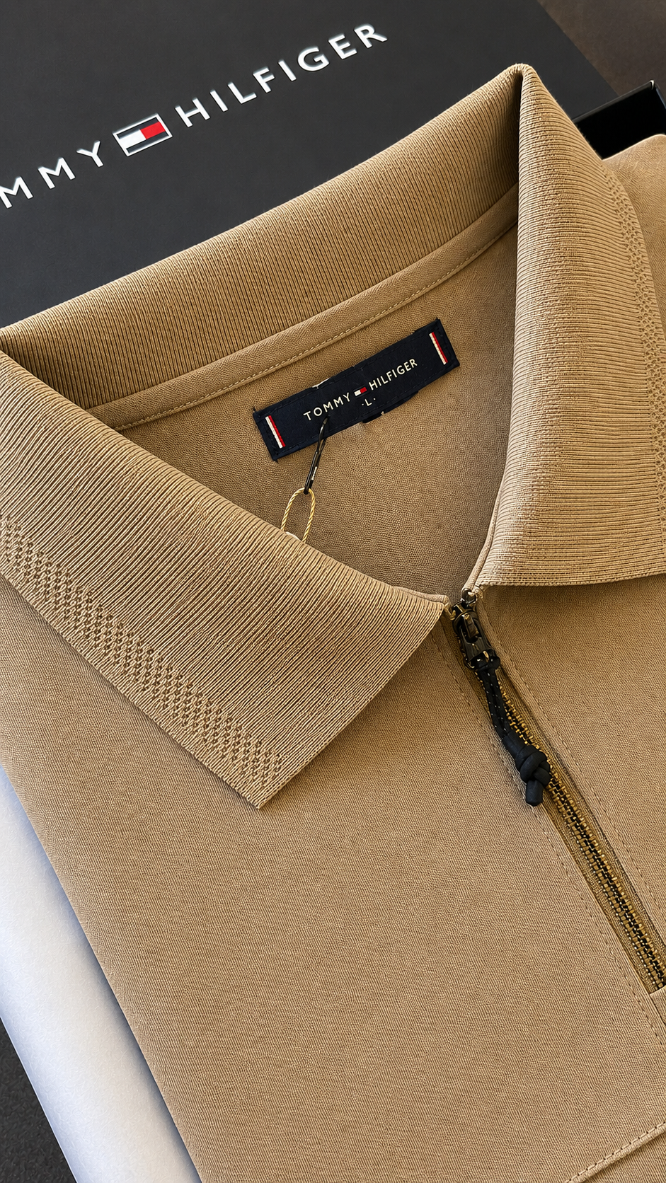 Premium Beige Zip Tommy Hilfiger T-Shirt for Men | Luxury Half-Zip Casual Tee