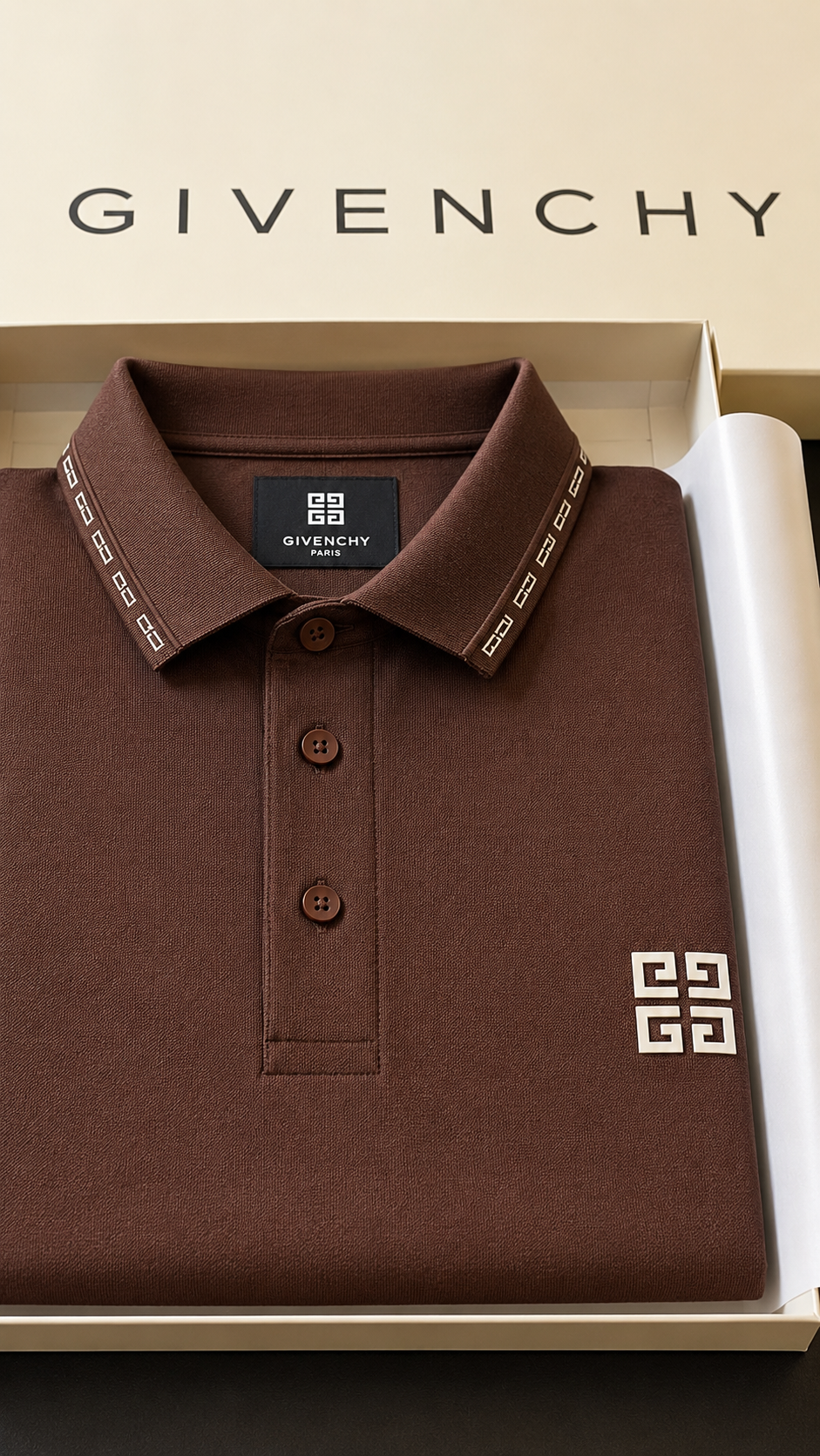 Luxury Dark Coffee Brown Textured Givenchy T-Shirt for Men | Premium Casual Polo Tee