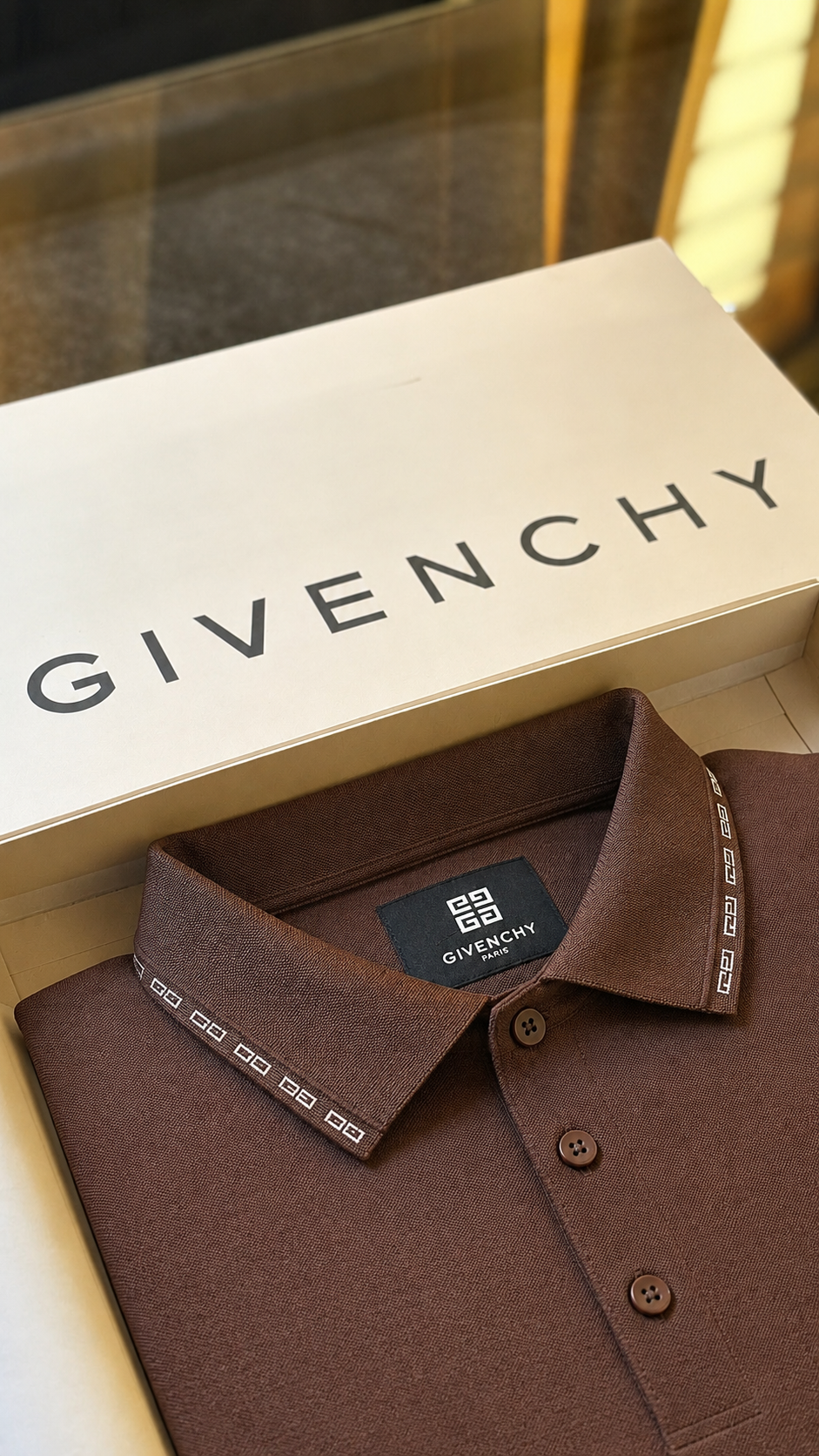 Luxury Dark Coffee Brown Textured Givenchy T-Shirt for Men | Premium Casual Polo Tee