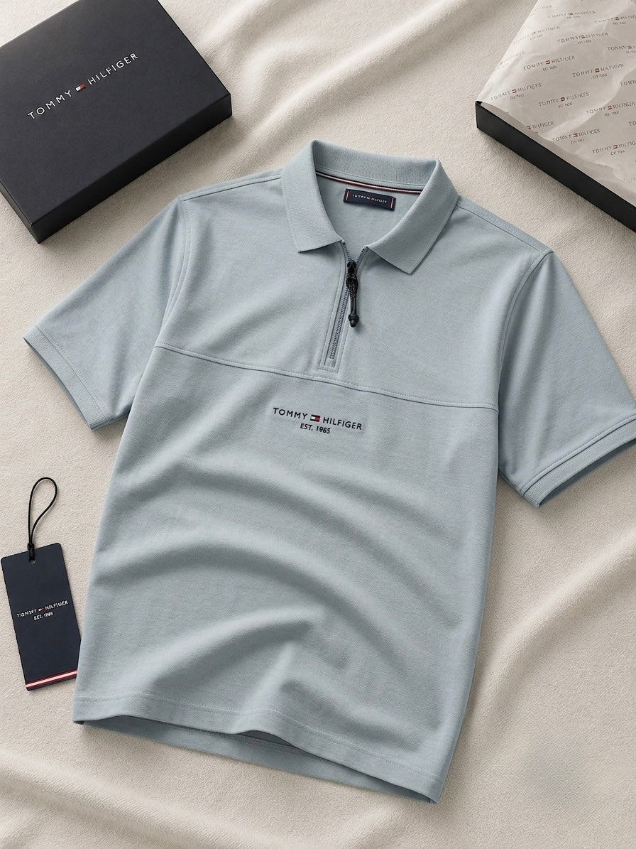Premium Powder Blue Zip Tommy Hilfiger T-Shirt for Men | Luxury Half-Zip Casual Tee