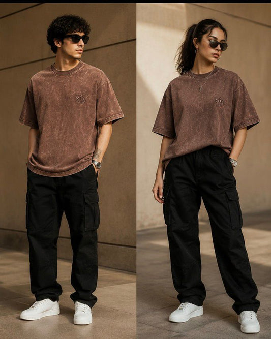 Vintage Acid Wash Oversized T-Shirt – Unisex Streetwear Tee | Mocha Brown