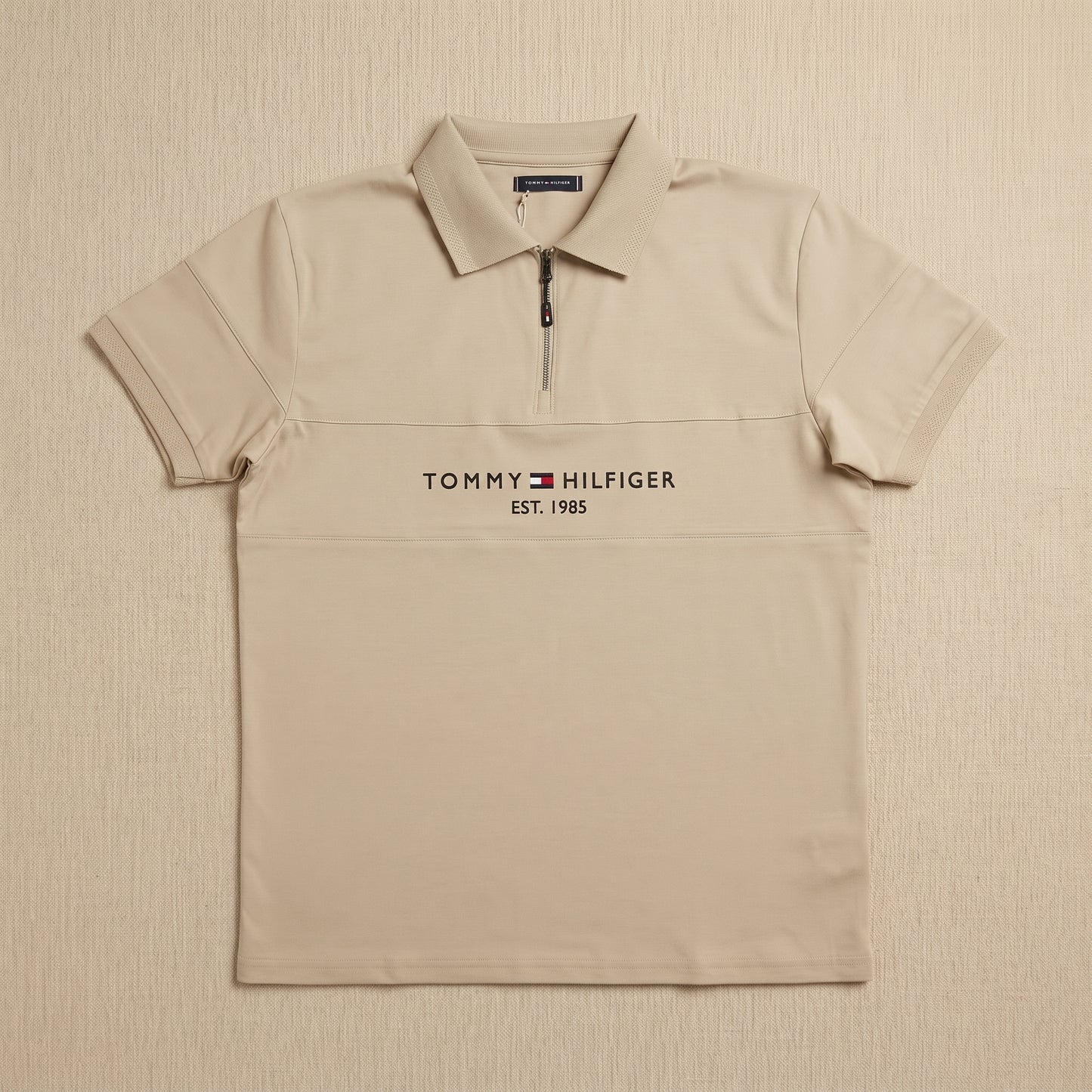 Premium Beige Zip Tommy Hilfiger T-Shirt for Men | Luxury Half-Zip Casual Tee