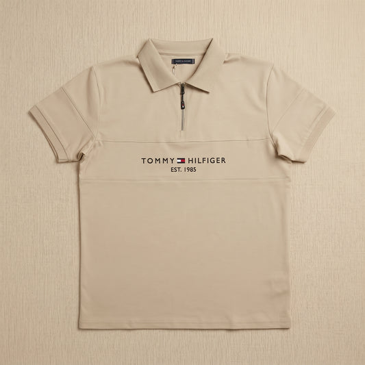 Premium Beige Zip Tommy Hilfiger T-Shirt for Men | Luxury Half-Zip Casual Tee